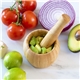 a group of bamboo mortar and pestle set
