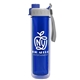 a transparent blue bottle & gray with blue cap lid the chiller - 16 oz double wall insulated bottle with quick snap lid