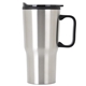 aerial view a silver 20 oz economy contoured stainless steel travel mug with plastic liner, image 1 of 2