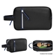 aerial view a black with royal blue glen leatherette toiletry bag, image 1 of 3