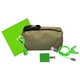 aerial view a green speck charging ear bud and cloth travel set, image 1 of 2