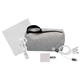 aerial view a white speck charging ear bud and cloth travel set, image 1 of 2