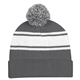 aerial view a gray/white two - tone knit pom beanie with cuff, image 1 of 3