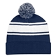 aerial view a navy/white two - tone knit pom beanie with cuff, image 1 of 3