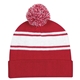 aerial view a red/white two - tone knit pom beanie with cuff, image 1 of 3
