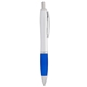 aerial view a silver barrel with blue grip the nash comfort grip ballpoint click pen, image 1 of 3