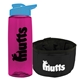a transparent hot pink bottle & cyan lid & black bowl the parched pup - 26 oz transparent tritan(tm) bottle folding dog bowl