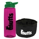 a transparent hot pink bottle & green lid & black bowl the parched pup - 26 oz transparent tritan(tm) bottle folding dog bowl