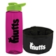 a transparent hot pink bottle & lime green lid & black bowl the parched pup - 26 oz transparent tritan(tm) bottle folding dog bowl