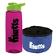 a transparent hot pink bottle & lime green lid & blue bowl the parched pup - 26 oz transparent tritan(tm) bottle folding dog bowl