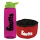 a transparent hot pink bottle & lime green lid & red bowl the parched pup - 26 oz transparent tritan(tm) bottle folding dog bowl