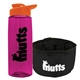 a transparent hot pink bottle & orange lid & black bowl the parched pup - 26 oz transparent tritan(tm) bottle folding dog bowl