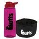 a transparent hot pink bottle & red lid & black bowl the parched pup - 26 oz transparent tritan(tm) bottle folding dog bowl