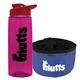 a transparent hot pink bottle & red lid & blue bowl the parched pup - 26 oz transparent tritan(tm) bottle folding dog bowl