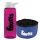 a transparent hot pink bottle & white lid & blue bowl the parched pup - 26 oz transparent tritan(tm) bottle folding dog bowl