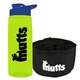 a transparent lime green bottle & reflex blue lid & black bowl the parched pup - 26 oz transparent tritan(tm) bottle folding dog bowl