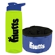 a transparent lime green bottle & reflex blue lid & blue bowl the parched pup - 26 oz transparent tritan(tm) bottle folding dog bowl