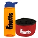 a transparent orange bottle & reflex blue lid & red bowl the parched pup - 26 oz transparent tritan(tm) bottle folding dog bowl