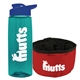 a transparent teal bottle & reflex blue lid & red bowl the parched pup - 26 oz transparent tritan(tm) bottle folding dog bowl