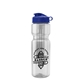 aerial view a clear bottle & reflex blue lid & translucent frost infuser basket champ bottle with infuser and flip lid - 28 oz, image 1 of 2