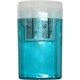 a translucent light blue flip top pencil sharpener