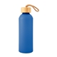 aerial view a blue 25 oz blaire recycled aluminum bottle with bamboo lid, image 1 of 3