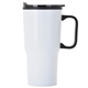 aerial view a white 20 oz economy contoured stainless steel travel mug with plastic liner, image 1 of 2