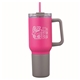 aerial view a magenta 3- in -1 stainless steel 20 oz tumbler and cooler with handle, image 1 of 3