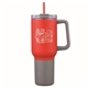aerial view a red pms 186c 3- in -1 stainless steel 20 oz tumbler and cooler with handle, image 1 of 3