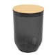 aerial view a translucent black 12 oz montrose rpet wine tumbler with bamboo lid, image 1 of 4