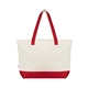 aerial view a red with natural large starboard recycled cotton canvas tote bag, image 1 of 4