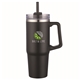 aerial view a black 30 oz double wall tumbler with handle and straw, image 1 of 2