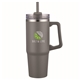 aerial view a gray pms cool gray 8c 30 oz double wall tumbler with handle and straw, image 1 of 2