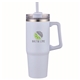 aerial view a heather blue pms 9422c 30 oz double wall tumbler with handle and straw, image 1 of 2
