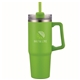 aerial view a lime green pms 376c 30 oz double wall tumbler with handle and straw, image 1 of 2