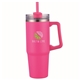 aerial view a magenta 30 oz double wall tumbler with handle and straw, image 1 of 2
