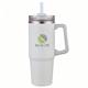 aerial view a mint green pms 9503c 30 oz double wall tumbler with handle and straw, image 1 of 2