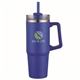 aerial view a navy pms 289c 30 oz double wall tumbler with handle and straw, image 1 of 2
