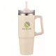 aerial view a oat milk pms 9184c 30 oz double wall tumbler with handle and straw, image 1 of 2