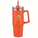 aerial view a orange pms 165c 30 oz double wall tumbler with handle and straw, image 1 of 2