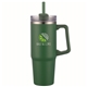 aerial view a pine green pms 554c 30 oz double wall tumbler with handle and straw, image 1 of 2