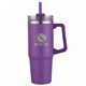 aerial view a purple pms 2597c 30 oz double wall tumbler with handle and straw, image 1 of 2