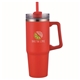 aerial view a red pms 186c 30 oz double wall tumbler with handle and straw, image 1 of 2