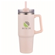 aerial view a soft pink pms 9240c 30 oz double wall tumbler with handle and straw, image 1 of 2