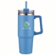aerial view a teal pms 639c 30 oz double wall tumbler with handle and straw, image 1 of 2