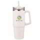 aerial view a white 30 oz double wall tumbler with handle and straw, image 1 of 2