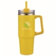 aerial view a yellow 30 oz double wall tumbler with handle and straw, image 1 of 2
