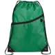 aerial view a green robin drawstring polyester bag with front zipper pocket, image 1 of 4
