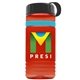 a transparent red bottle & black lid & cyan band groove stripe 20 oz tritan(tm) sports bottle with tethered lid and digital imprint