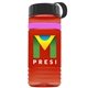 a transparent red bottle & black lid & pink band groove stripe 20 oz tritan(tm) sports bottle with tethered lid and digital imprint